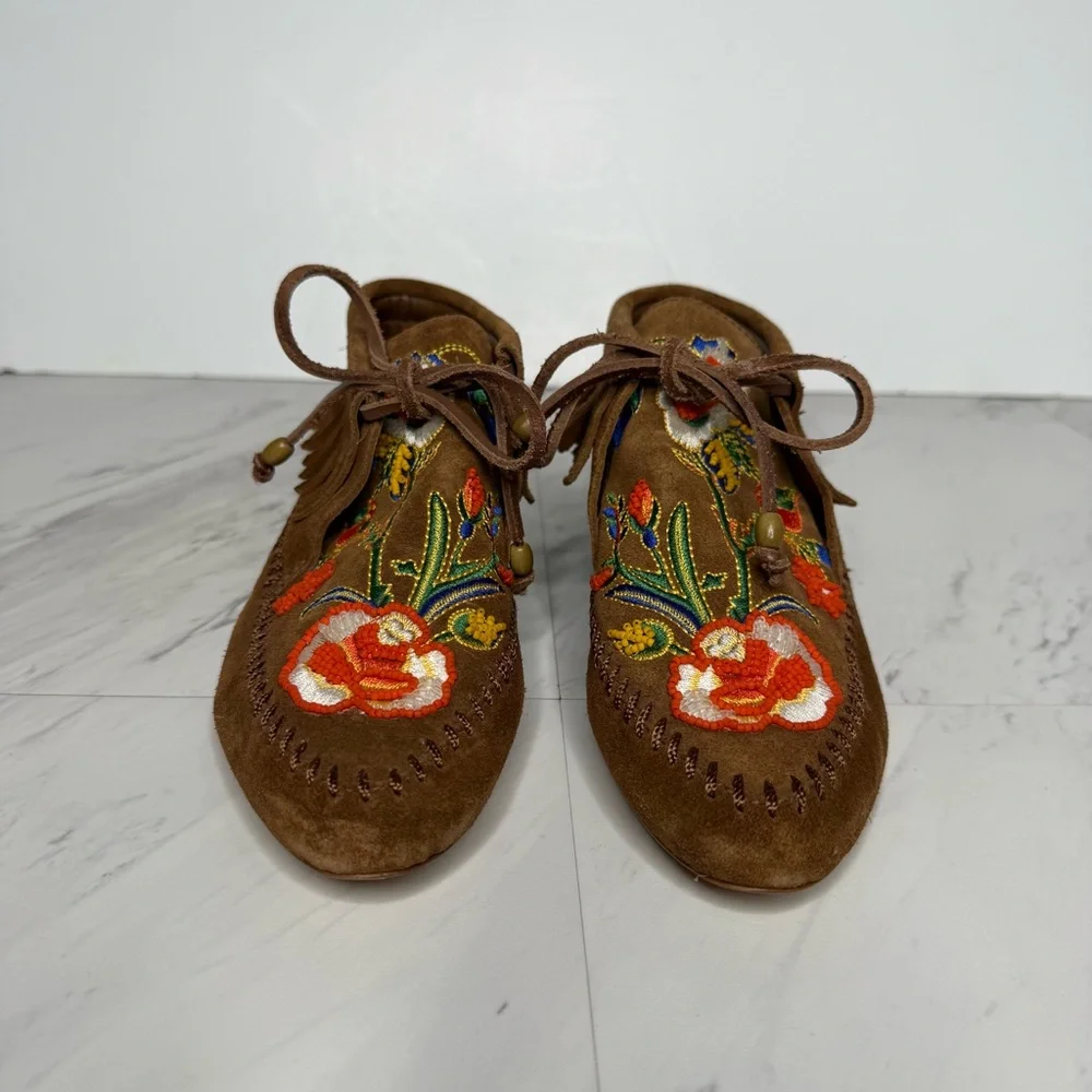 Tory Burch Huntington Fringe Embroidered Brown Suede Moccasins 6M